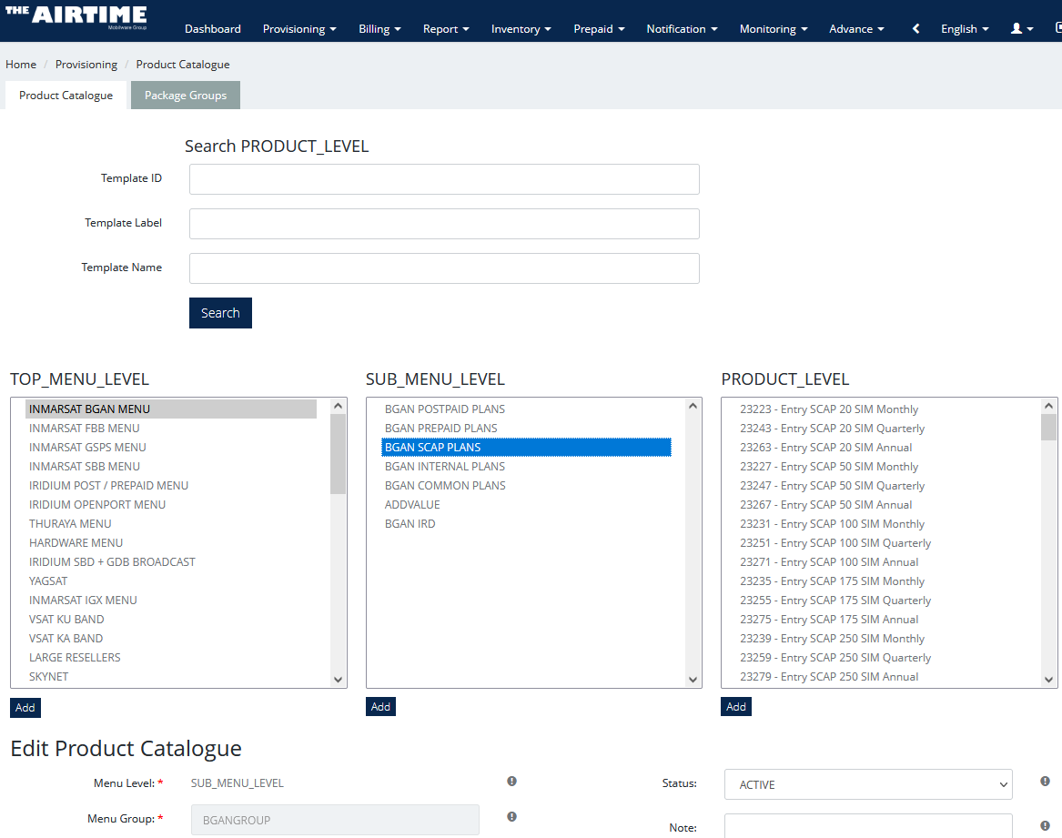 operator dashboard product catalogue